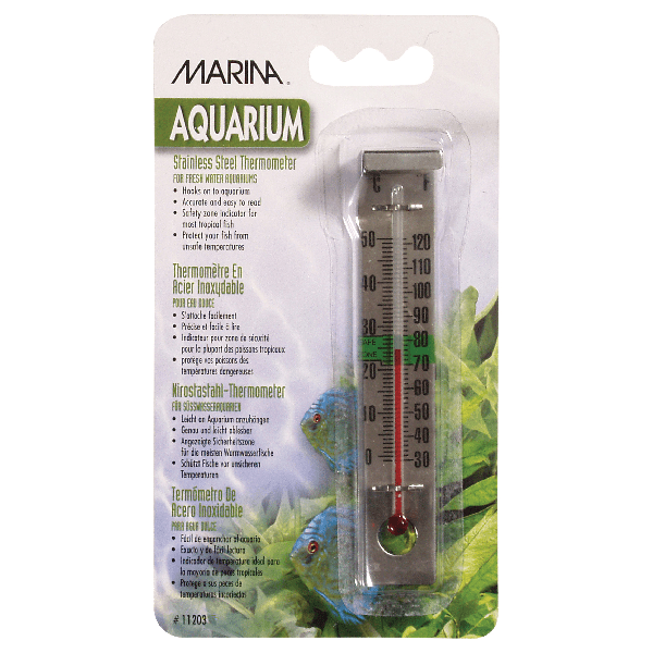 Marina stainless steel aquarium thermometer that clips over the tank rim