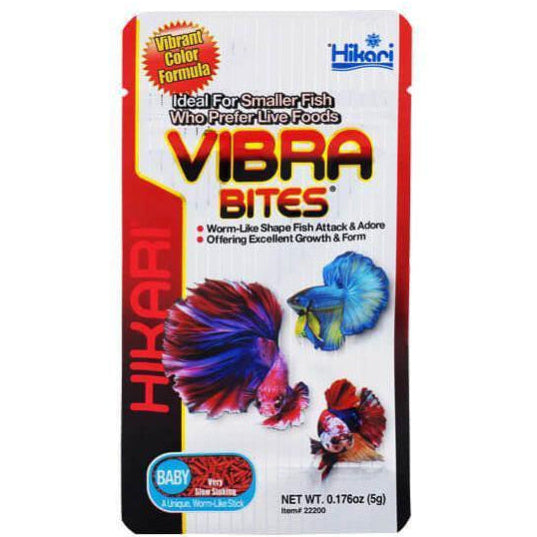 Hikari Vibra Bites fish food packaging with colorful fish illustrations on a white background from Tropical Fish Imports