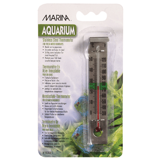 Marina stainless steel aquarium thermometer that clips over the tank rim